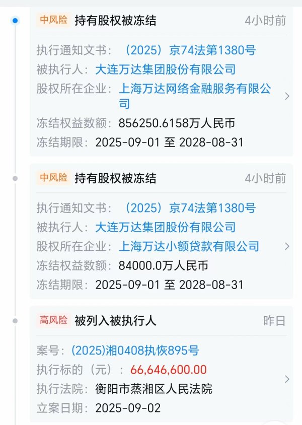 红启网 万达集团所持94亿元股权被冻结，并被执行6664.66万元